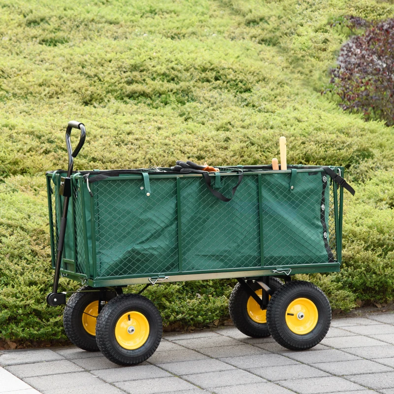 Outsunny Large 4 Wheel Heavy Duty Garden Cart Truck Trolley Wheelbarrow with Handle and Metal Frame - Green