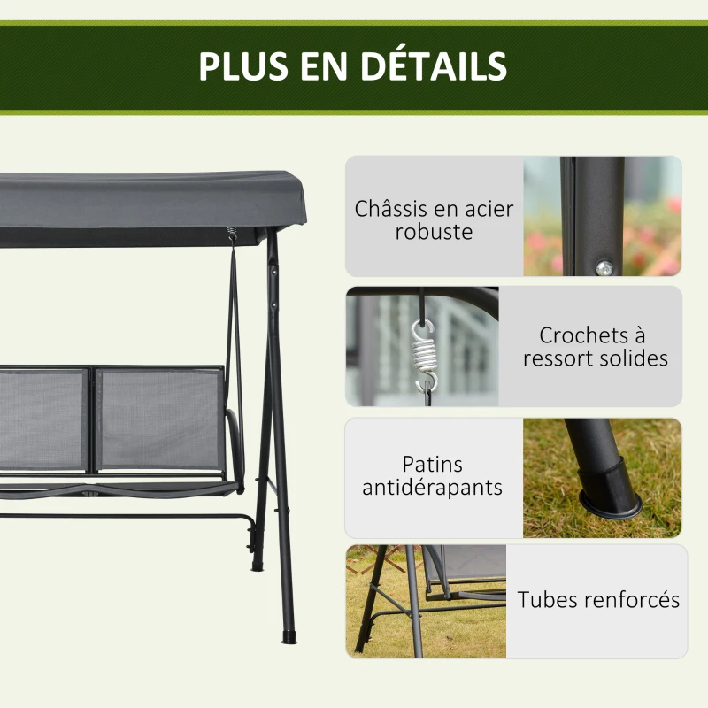 Outsunny Balancelle de Jardin 2 Places Grand Confort Toit Inclinaison réglable Assise et Dossier Ergonomique Acier époxy textilène Gris