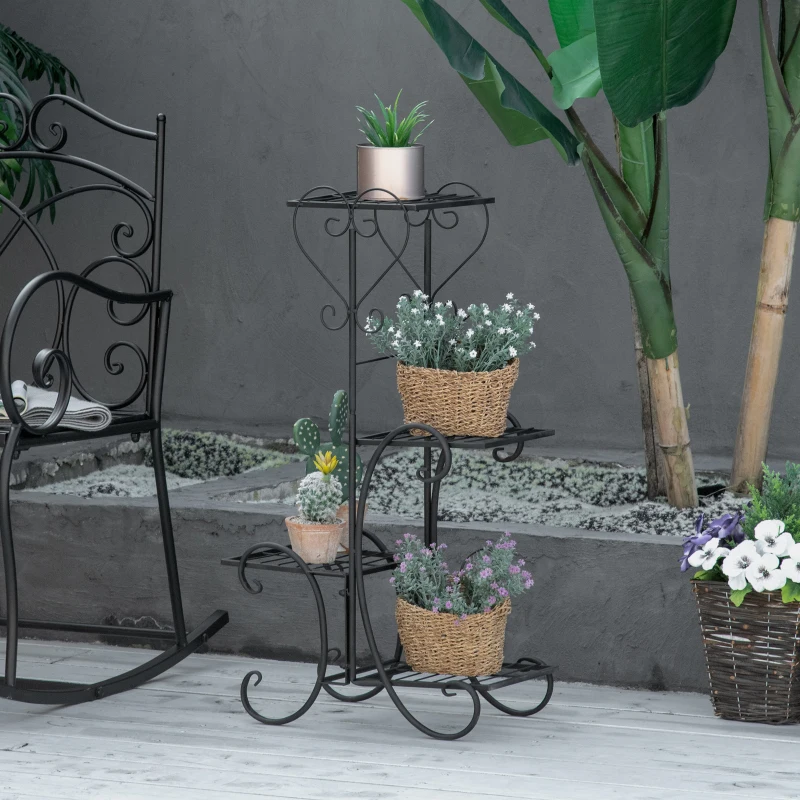 Outsunny regał na kwiaty z metalu 4 poziomy regał na rośliny kwietnik stojak na kwiaty do wnętrz i na zewnątrz ogród balkon kolor czarny 45 x 24,5 x 80 cm
