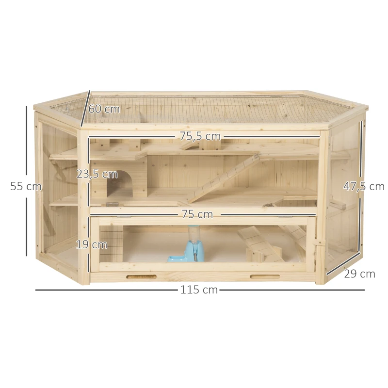 Pawhut Gaiola de Madeira para Hamster 115x60x55 cm Gaiola para Roedores e Animais Pequenos 3 Níveis Teto Bandeja Removível e 3 Rampas