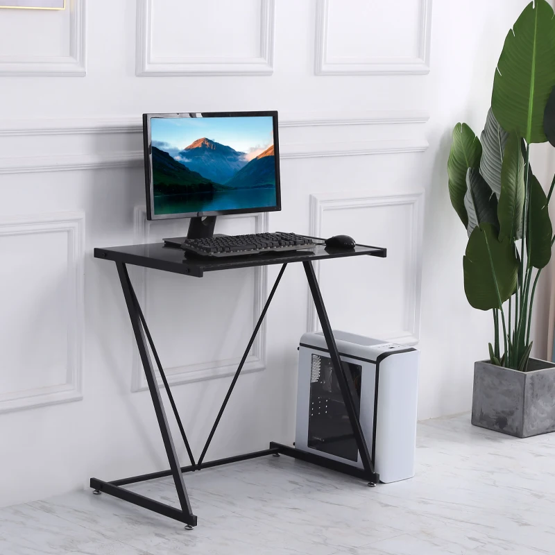 HOMCOM Secretária com Bancada de Vidro Temperado e Pés Ajustáveis Estilo Moderno para Escritório Estúdio Dormitório Carga Máxima 80kg 80x50x75cm Preto