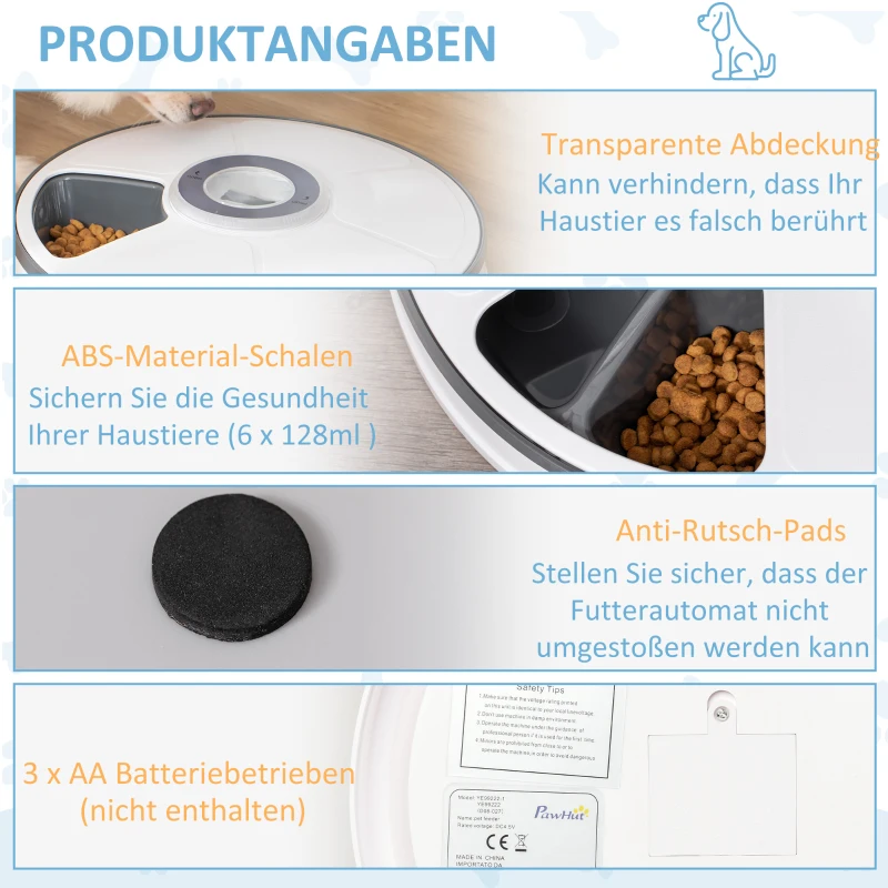 PawHut 6-komorowy automatyczny podajnik karmy 30,5 cm x 30,5 cm x 7,2 cm