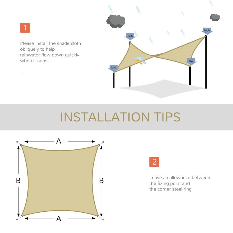 Outsunny Copertina Parasol Sail Patrata din HDPE Impermeabil Culoare Nisip 360x360cm