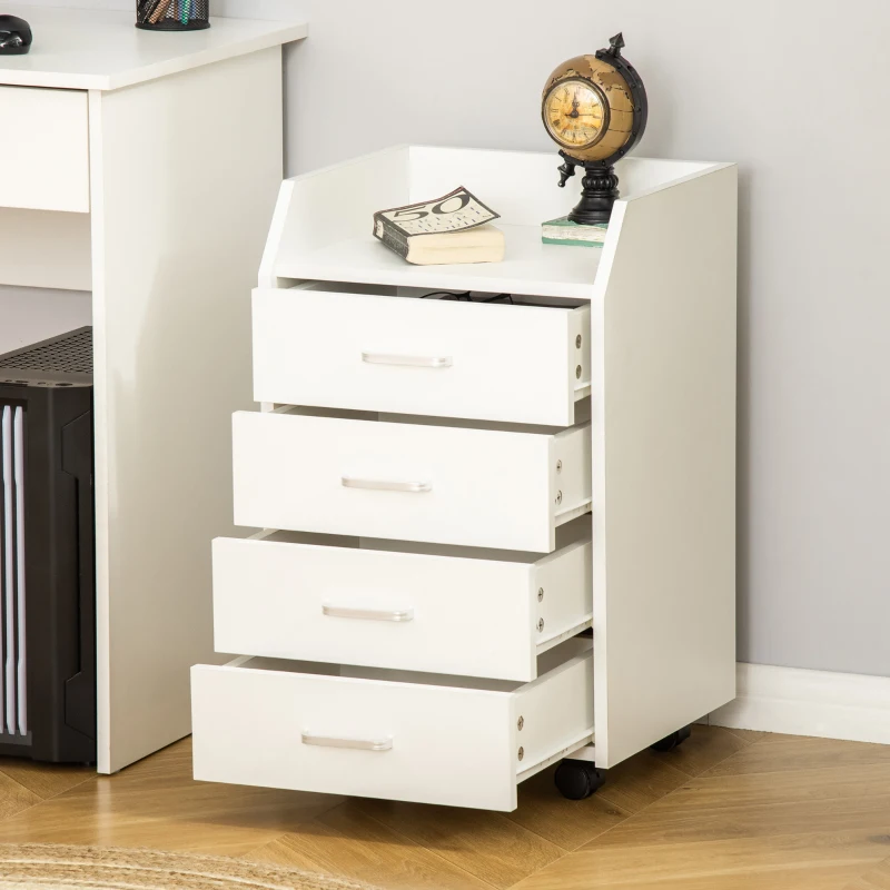Vinsetto Bloco de Gavetas Móvel Auxiliar com 4 Gavetas Bancada Superior de Armazenamento 4 Rodas e 2 Freios para Estúdio Escritório 40x36x65cm Branco