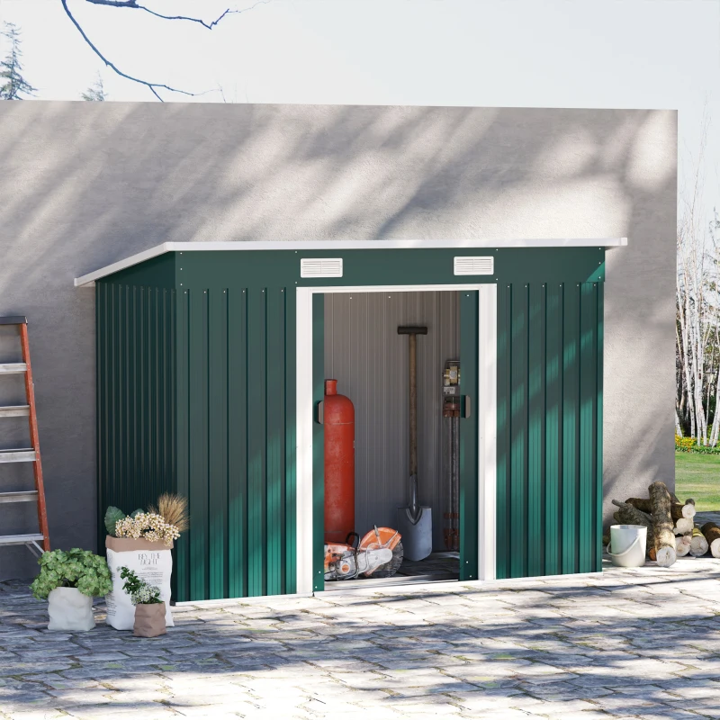 Outsunny Casuta pentru Gradina din Otel cu 2 Usi Glisante, 255x131x160-182 cm, Verde(m-2)