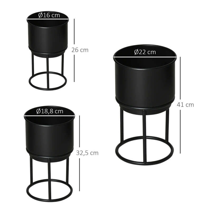 Outsunny zestaw 3-częściowy stojak na kwiaty z doniczką z metalu stojak na rośliny zestaw stołek na kwiaty uchwyt na donicę stołek na rośliny kolor czarny