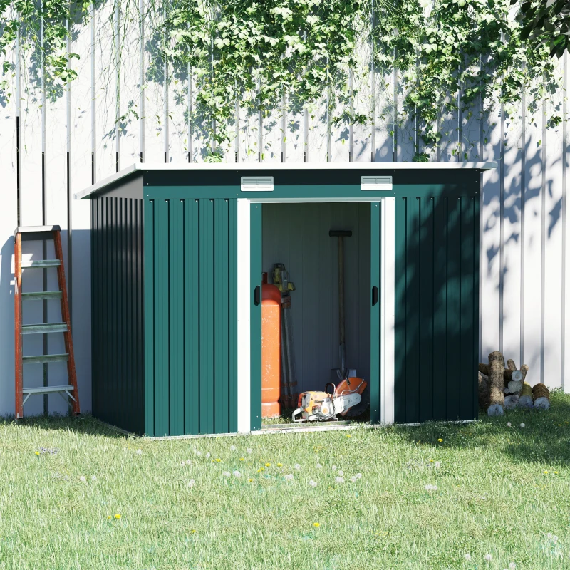 Outsunny Casuta pentru Gradina din Otel cu 2 Usi Glisante, 255x131x160-182 cm, Verde(m-11)