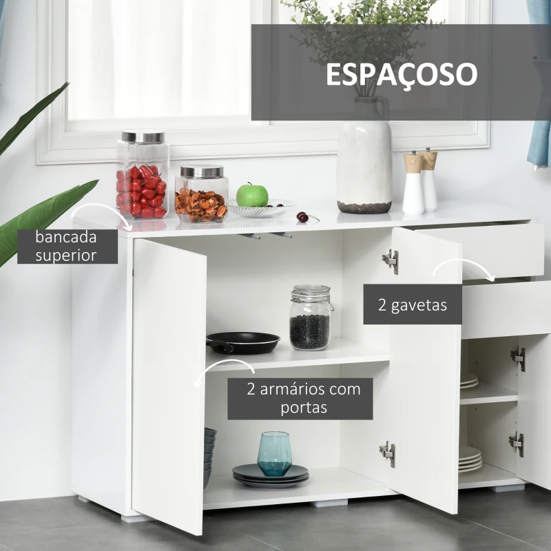 HOMCOM Aparador de Sala de Estar com 3 Portas 2 Gavetas e Prateleira Interior Ajustável Móvel Auxiliar de Armazenamento para Cozinha Dormitório Anti-Rolamento 117x36x74cm Branco