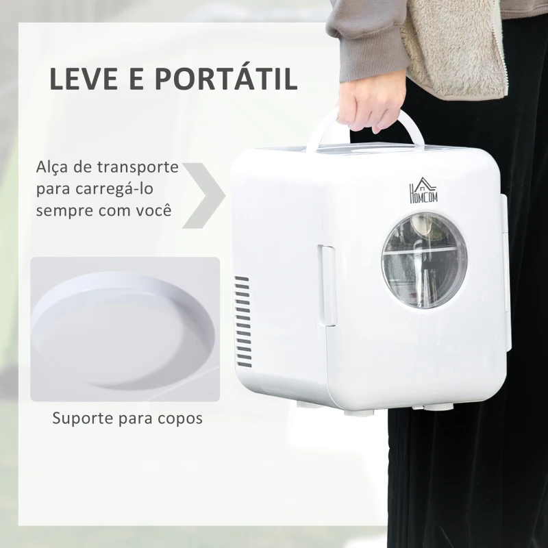 Outsunny Mini Geleira 4L Geleira Elétrica Pequeno 12V com Aquecimento e Arrefecimento 1 Porta Reversível 2 Prateleiras e 2 Luzes LED Silencioso 35dB para Campismo 25,5x20,5x26,3cm Branco
