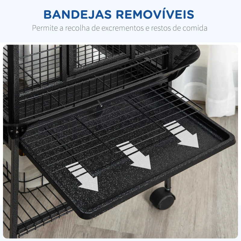 PawHut Gaiola para Pássaros com Suporte e Rodas 62,5x62,5x156cm Gaiola Metálica para Aves com Ponte de Arco 2 Poleiros 4 Comedouros 2 Bandejas Removíveis e Prateleira Inferior Cinza