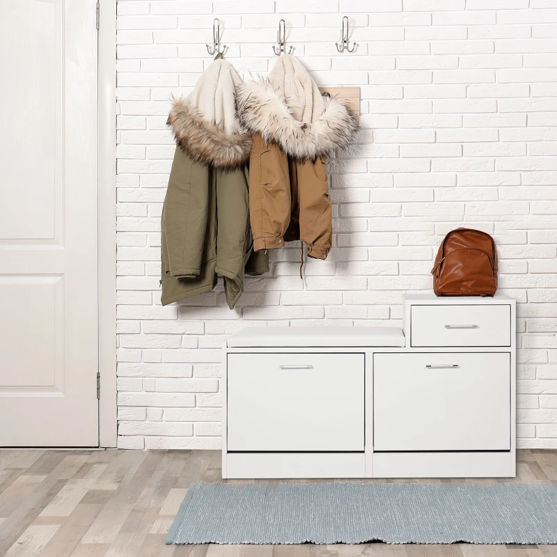 HOMCOM Dulap Pantofi Robust Design Moderno 6 Perechi de Pantofi Scaun cu Perna pentru Hol in Lemn Granulat 94,5 x 57 x 30 cm Bianco(m-2)