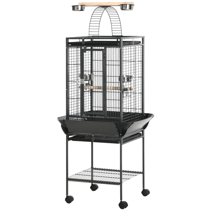 PawHut Gaiola para Pássaros com Suporte e Rodas 62,5x62,5x156cm Gaiola Metálica para Aves com Ponte de Arco 2 Poleiros 4 Comedouros 2 Bandejas Removíveis e Prateleira Inferior Cinza