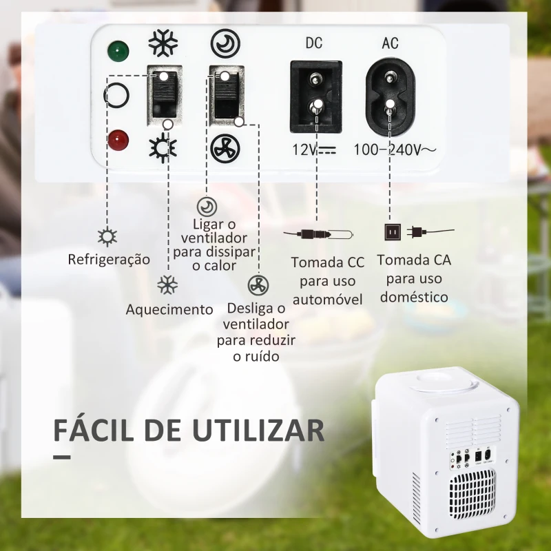 Outsunny Mini Geleira 4L Geleira Elétrica Pequeno 12V com Aquecimento e Arrefecimento 1 Porta Reversível 2 Prateleiras e 2 Luzes LED Silencioso 35dB para Campismo 25,5x20,5x26,3cm Branco