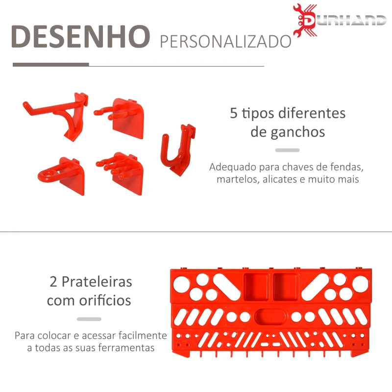 DURHAND Estante de Parede com Sistema de Armazenamento 95,5x23x53,5cm Suporte para Ferramentas com 54 Peças 50 Ganchos para Oficina Garagens Vermelho e Cinza