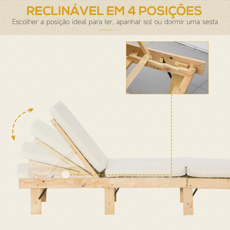 Outsunny Espreguiçadeira de Madeira Dobrável com Encosto Ajustável em 4 Posições Almofada Removível Carga Máxima 113kg para Jardim Terraço Campismo Exterior 195x59x30cm Madeira e Creme