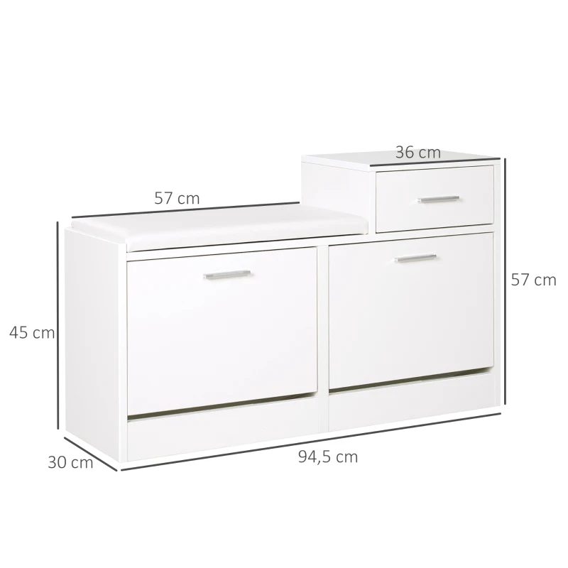 HOMCOM Dulap Pantofi Robust Design Moderno 6 Perechi de Pantofi Scaun cu Perna pentru Hol in Lemn Granulat 94,5 x 57 x 30 cm Bianco(m-3)