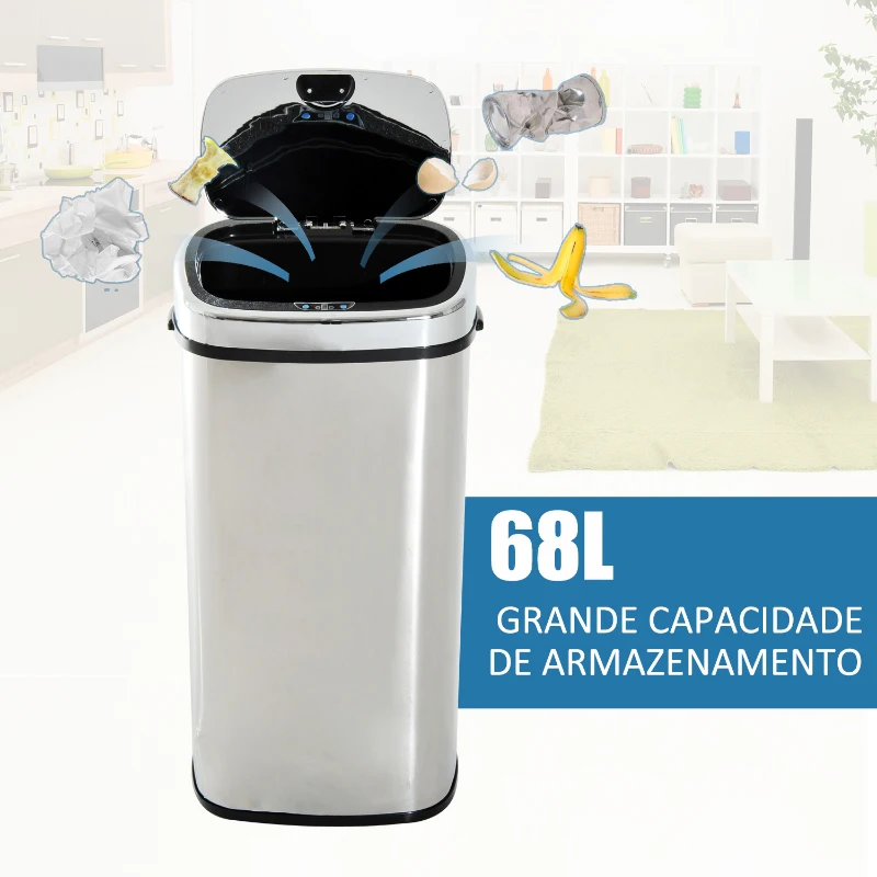 HOMCOM Balde de Lixo Inteligente de Aço Inoxidável 68L com Sensor Infravermelho de Abertura Automática e Contato Manual para Cozinha Dormitório Casa de banho 40,5x29,578cm Prata
