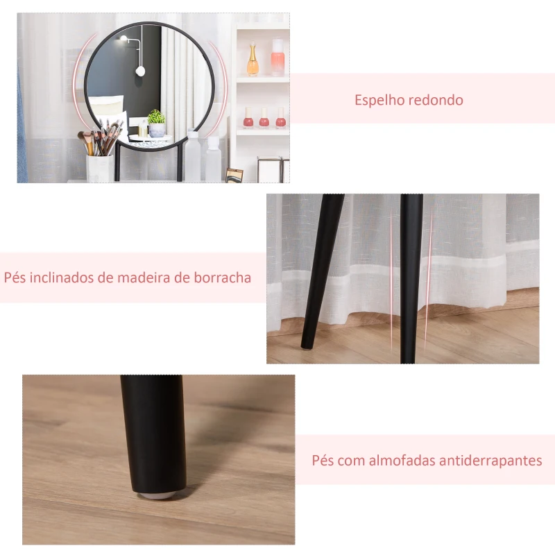 HOMCOM Toucador de Maquilhagem com Banquinho Espelho Redondo 2 Gavetas de Armazenamento e 3 Prateleiras Mesa de Maquilhagem para Dormitório 80x42x131cm Branco e Preto