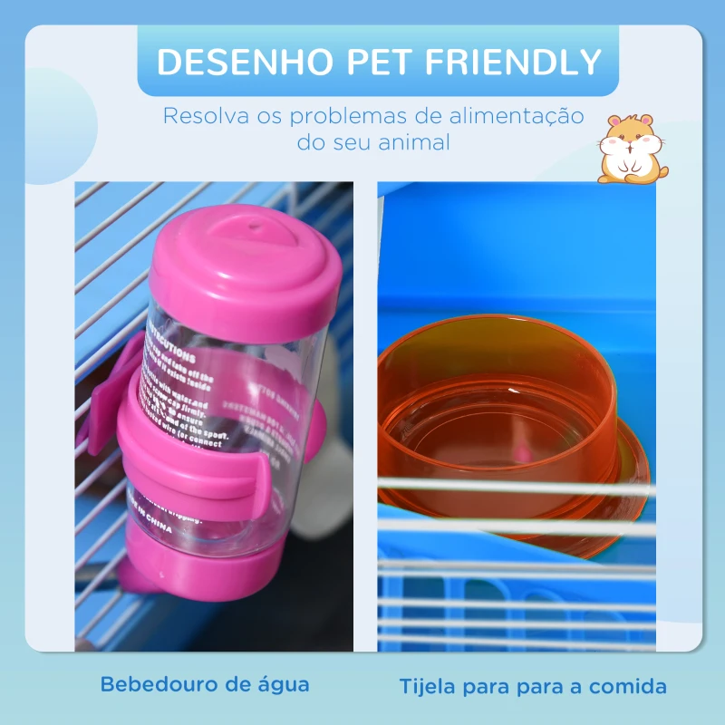PawHut Gaiola para Hámster 46x30x37cm Gaiola para Roedores com Tubos Comedouro Bebedouro Rampa Roda de Exercícios e Alça Portátil para Interior e Exterior Multicor