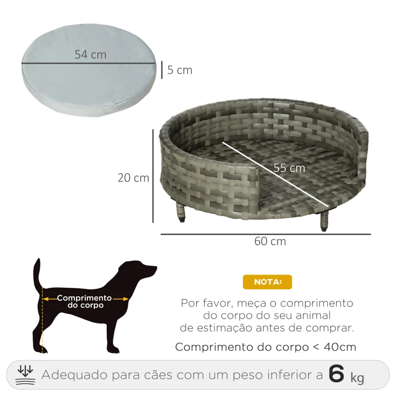 PawHut Sofá Cama para Cães e Gatos de Vime PE Cama Elevada Redonda para Animais de Estimação com Almofada Suave Lavável para Interior e Exterior 60x60x20cm Cinza