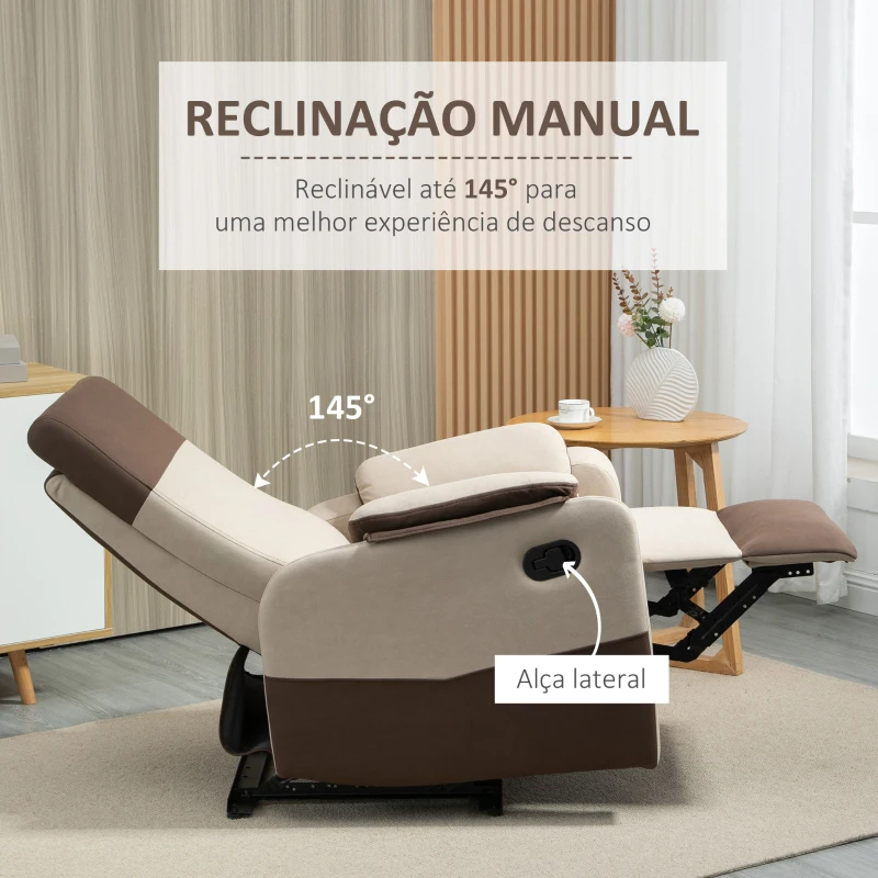HOMCOM Poltrona Relax Reclinável até 145° Estofada em Poliéster com Apoio para os Pés Retrátil Carga Máxima 120kg para Sala de Estar Escritório Dormitório 75x89x105cm Marrom e Bege