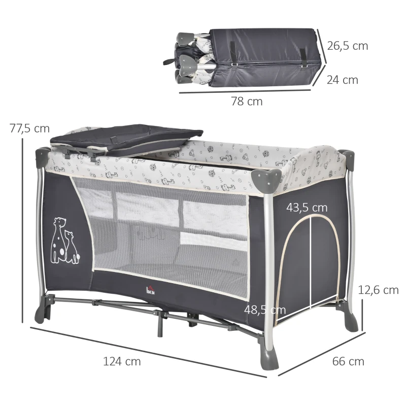 HOMCOM Berço de Viagem Dobrável para Bebés e Crianças até 15kg com 2 Rodas e Bolso Lateral Berço Portátil com Bolsa de Transporte 124x66x77,5cm Cinza