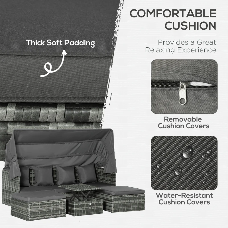 Outsunny 4 Piece Outdoor Rattan Wicker Sofa Set Adjustable Conopy & Coffee Table Sectional Patio Conversation Furniture Set w/ Cushions Grey