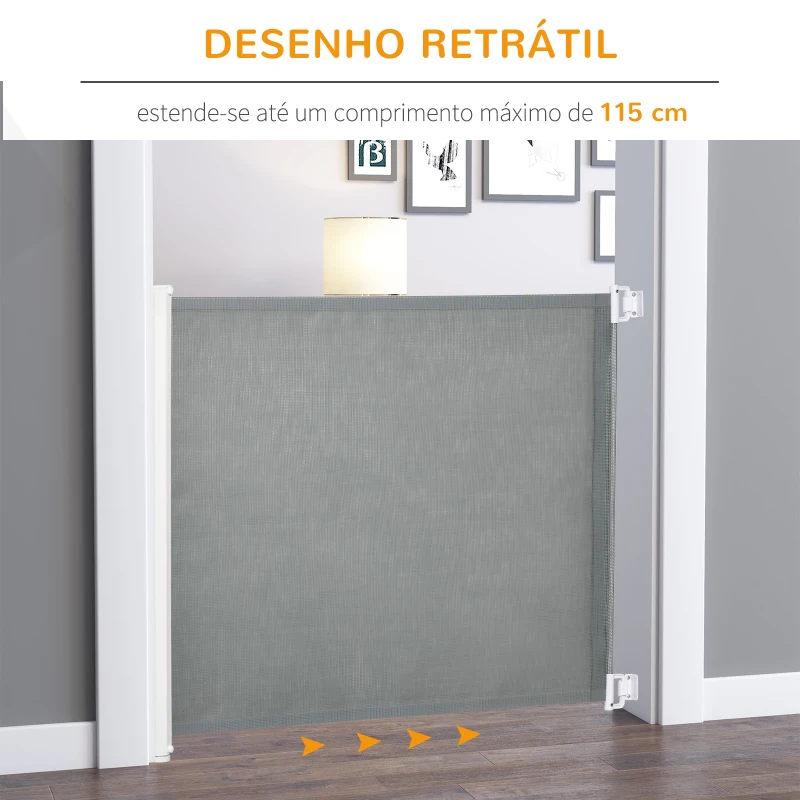 PawHut Barreira de Segurança para Cães Extensível Grade Retrátil para Animais de Estimação com Extensão Aço e Tecido de Textilene para Escadas e Portas 5,5-115x5,5x82,5cm Cinza