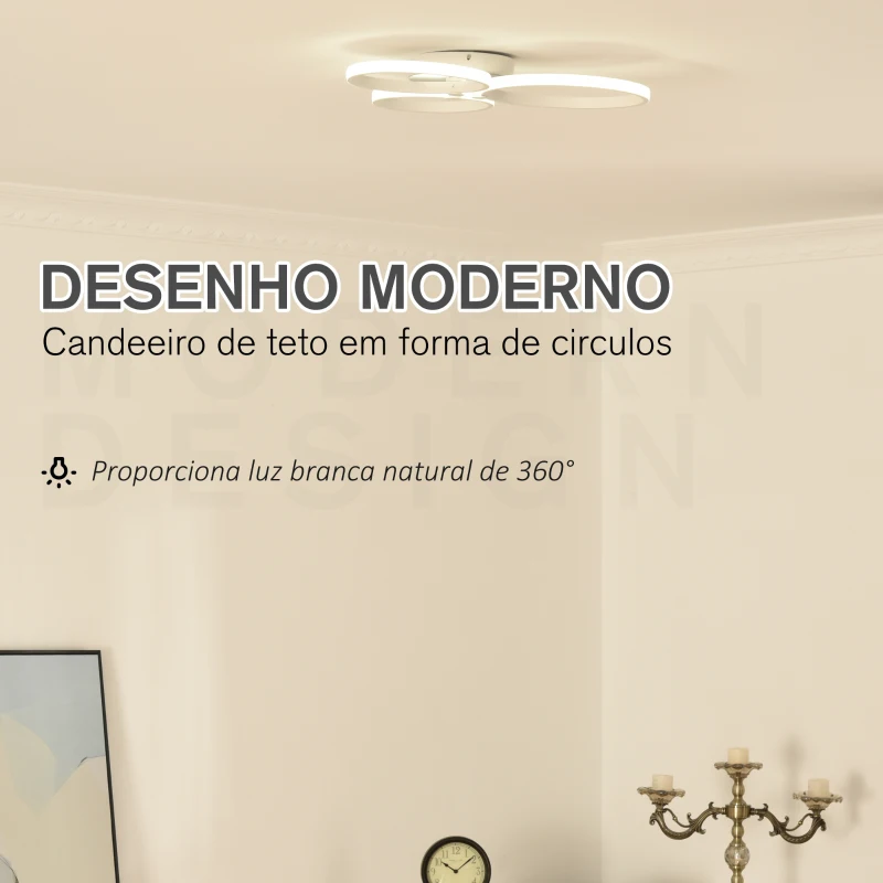 HOMCOM Candeeiro de Teto LED IP20 46W 4500lm com 3 Círculos Candeeiro de Teto de Alumínio para Sala de Jantar Dormitório Sala de Estar 56x47x8cm Prata