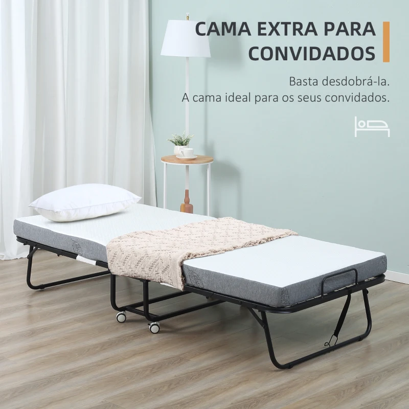 HOMCOM Cama Dobrável 200x75x42,5cm Cama de Campismo Portátil com Colchão Individual Rodas e Freios Carga Máxima 150kg para Dormitórios Branco