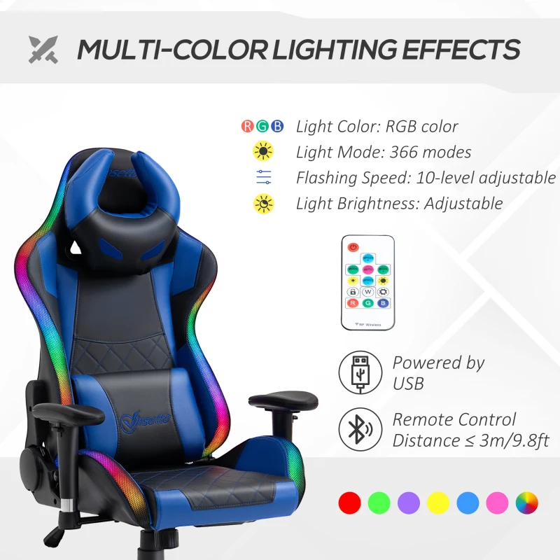 Vinsetto Racing Gaming Chair with RGB LED Light, Lumbar Support, Adjustable Height, Swivel Home Office Computer Recliner High Back Gamer Desk Chair, Black Blue