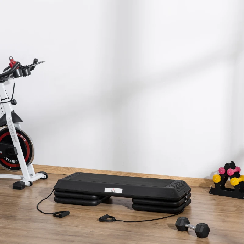 HOMCOM Step para Exercício Aeróbico Plataforma Step com Altura Ajustável em 3 Níveis com Cordas de Resistência Carga Máxima 120kg para Exercício em Academia Casa 110x40x10-20cm Preto