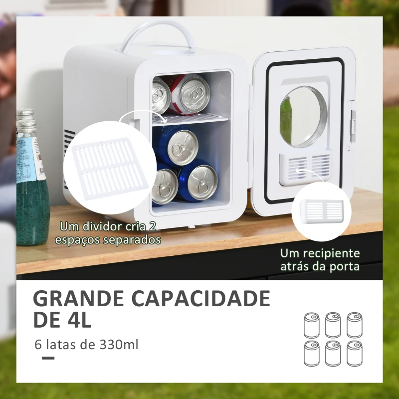 Outsunny Mini Geleira 4L Geleira Elétrica Pequeno 12V com Aquecimento e Arrefecimento 1 Porta Reversível 2 Prateleiras e 2 Luzes LED Silencioso 35dB para Campismo 25,5x20,5x26,3cm Branco