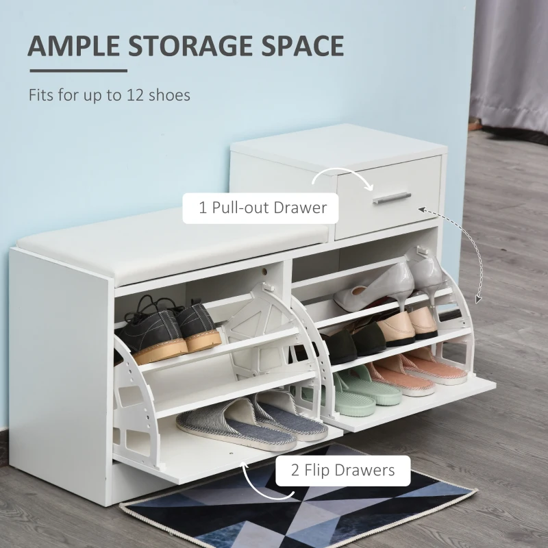 HOMCOM Dulap Pantofi Robust Design Moderno 6 Perechi de Pantofi Scaun cu Perna pentru Hol in Lemn Granulat 94,5 x 57 x 30 cm Bianco(m-5)