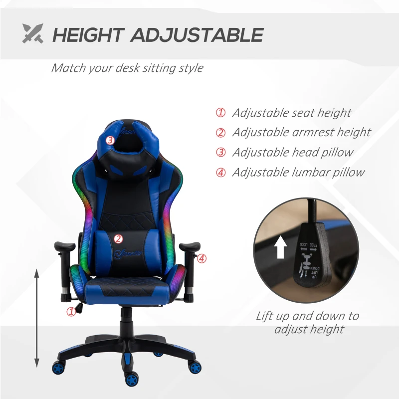 Vinsetto Racing Gaming Chair with RGB LED Light, Lumbar Support, Adjustable Height, Swivel Home Office Computer Recliner High Back Gamer Desk Chair, Black Blue