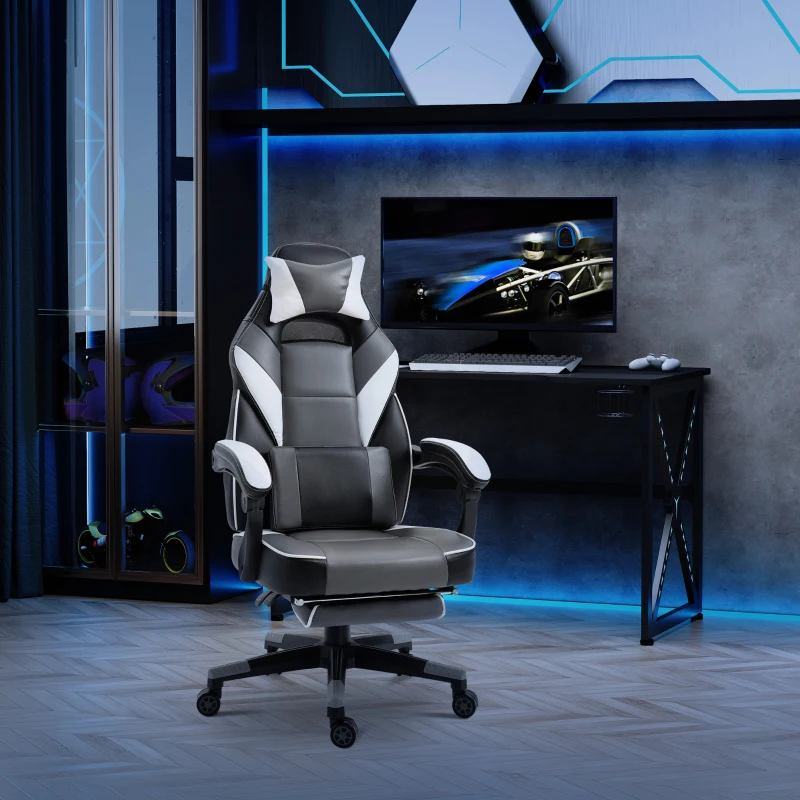 Vinsetto Gaming Chair Ergonomic Recliner w/ Thick Padding Footrest Headrest Lumbar Pillow 5 Wheels Racing Swivel Height Adjustable Home Office Chair Grey