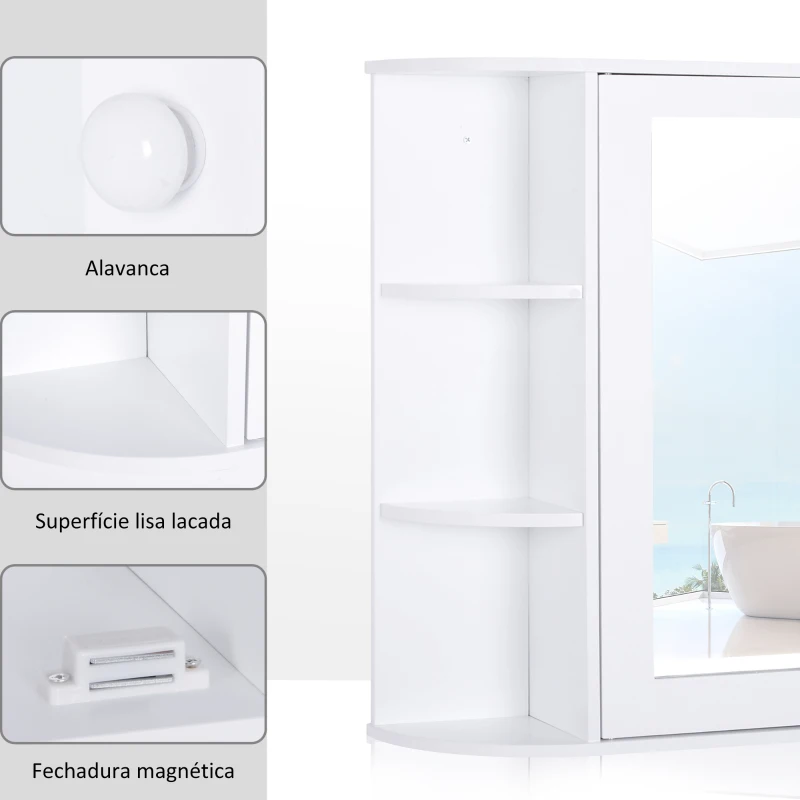HOMCOM Armário de Casa de Banho com Espelho Móvel Suspenso de Casa de Banho com 1 Porta 2 Prateleiras Interiores e 6 Prateleiras Laterais para Sala de Estar Cozinha Dormitório 66x17x63cm Branco