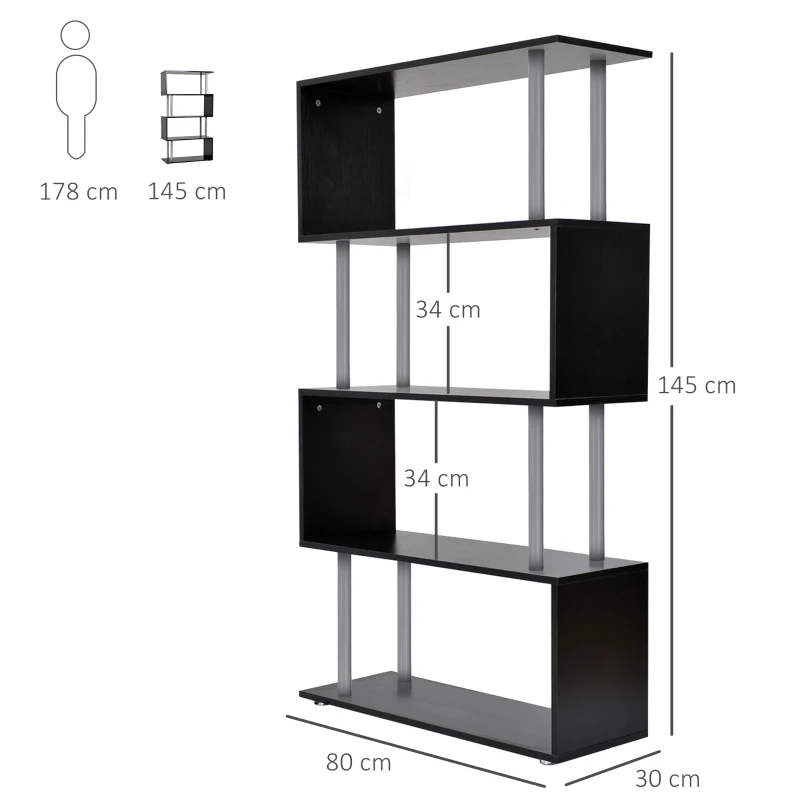 HOMCOM Bibliotecă cu Design Modern 4 Rafturi, Neagră, 80x30x145cm