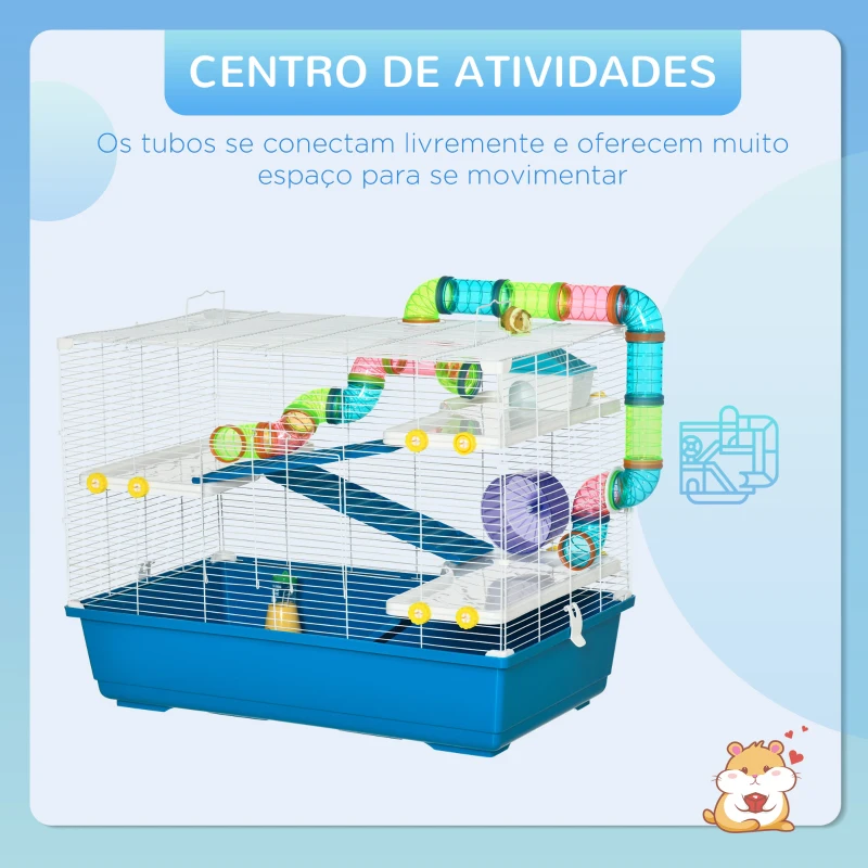 PawHut Gaiola para Hámster 79x46x60cm Gaiola para Roedores com 3 Plataformas Tubos Comedouro Bebedouro 3 Rampa Roda de Exercícios e 2 Alça Portáteis Multicor