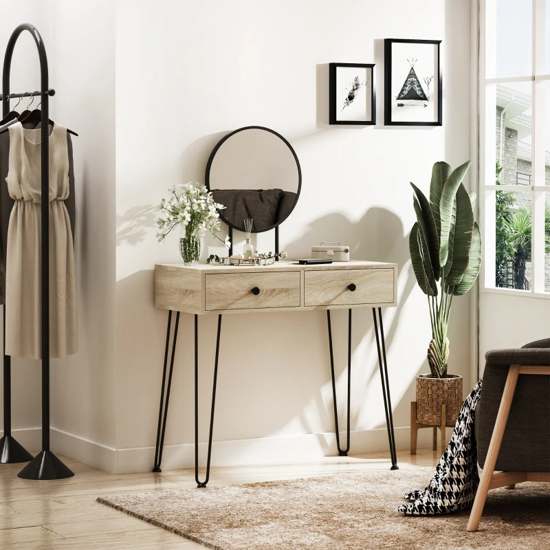 HOMCOM Toucador de Maquilhagem Mesa de Maquilhagem com Espelho Redondo 2 Gavetas e Pés de Metal Estilo Moderno para Dormitório 80x40x125cm Carvalho