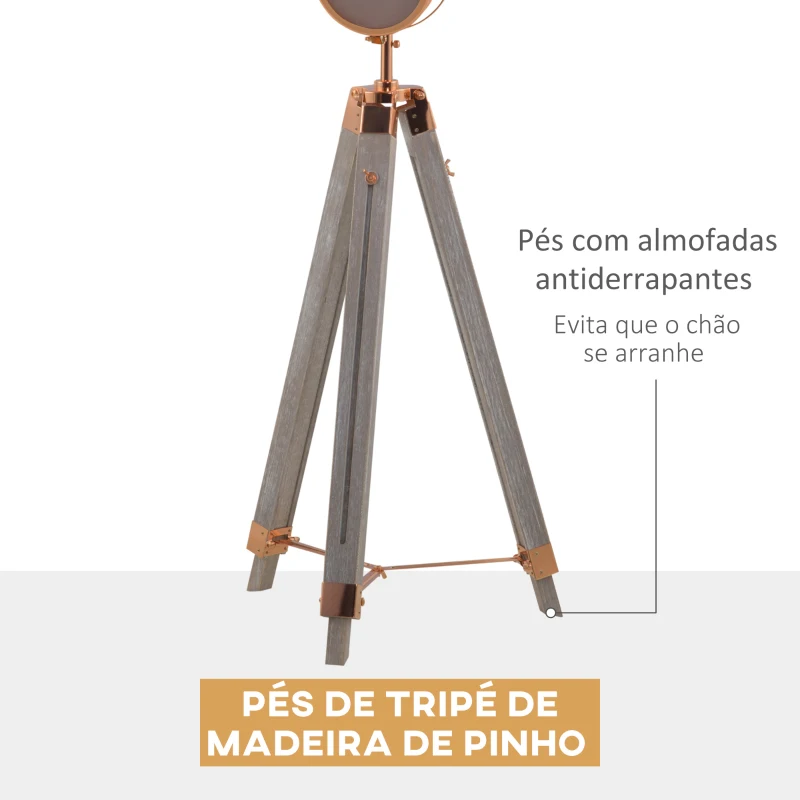 HOMCOM Candeeiro de Pé com Tripé de Madeira Suporte para Lâmpada E14 Máx. 25W IP20 Altura Ajustável Interruptor de Pé Candeeiro de Pé para Sala de Estar Dormitório Escritório Ø65x100-140cm Madeira Envelhecida e Ouro Rosa