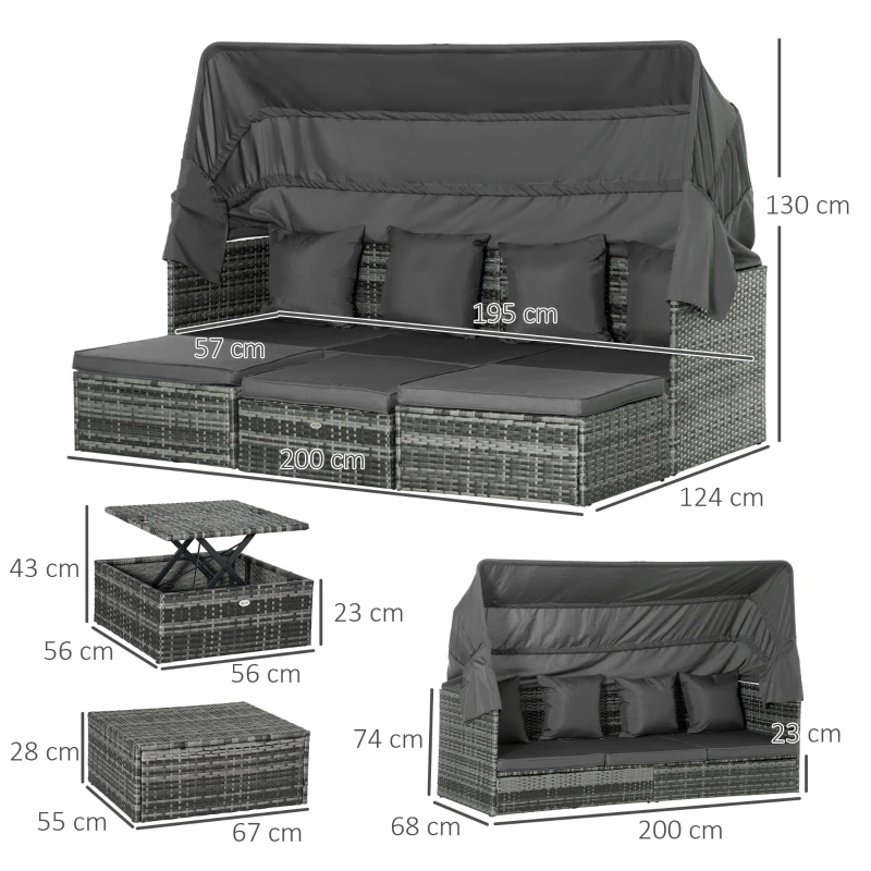 Outsunny 4 Piece Outdoor Rattan Wicker Sofa Set Adjustable Conopy & Coffee Table Sectional Patio Conversation Furniture Set w/ Cushions Grey