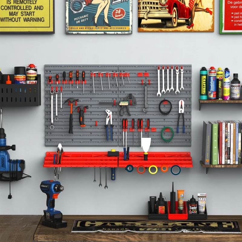 DURHAND Estante de Parede com Sistema de Armazenamento 95,5x23x53,5cm Suporte para Ferramentas com 54 Peças 50 Ganchos para Oficina Garagens Vermelho e Cinza