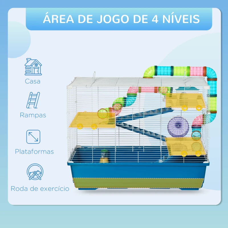 PawHut Gaiola para Hámster 79x46x60cm Gaiola para Roedores com 3 Plataformas Tubos Comedouro Bebedouro 3 Rampa Roda de Exercícios e 2 Alça Portáteis Multicor
