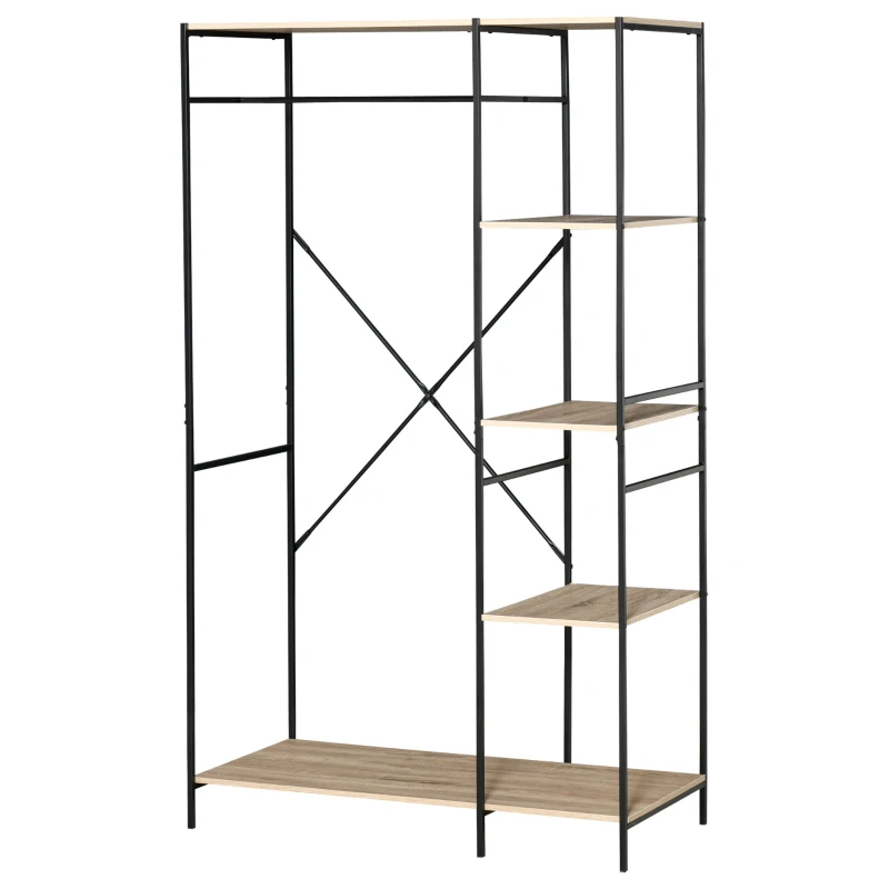 HOMCOM Suporte para Cabides Cabideiro de Madeira com 4 Prateleiras de Arrumação e Barra de Pendurar 100x46x170,5cm Madeira e Preto