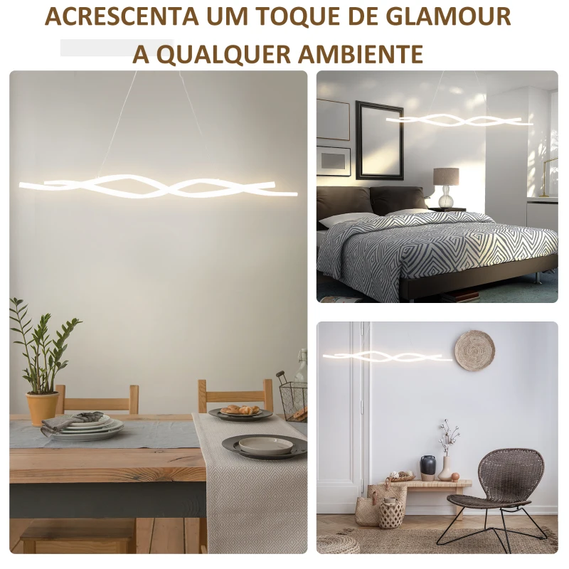 HOMCOM Candeeiro de Teto Moderno com LED IP20 38W 3700lm e Cordas Ajustáveis Candeeiro de Teto de Alumínio para Sala de Estar Sala de Jantar Dormitório 90x9x9cm Prata