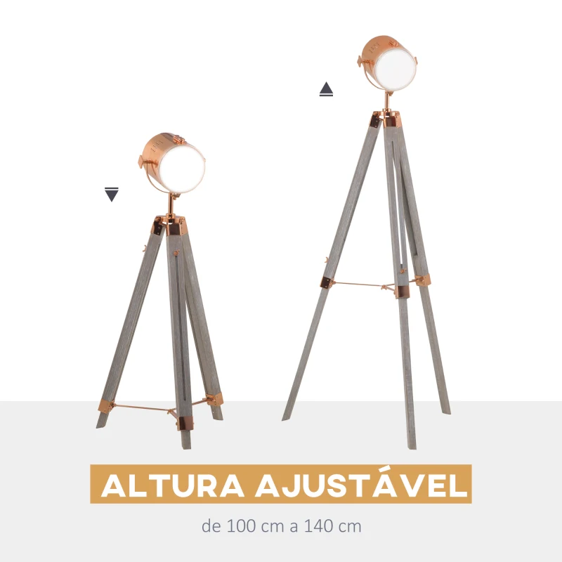 HOMCOM Candeeiro de Pé com Tripé de Madeira Suporte para Lâmpada E14 Máx. 25W IP20 Altura Ajustável Interruptor de Pé Candeeiro de Pé para Sala de Estar Dormitório Escritório Ø65x100-140cm Madeira Envelhecida e Ouro Rosa