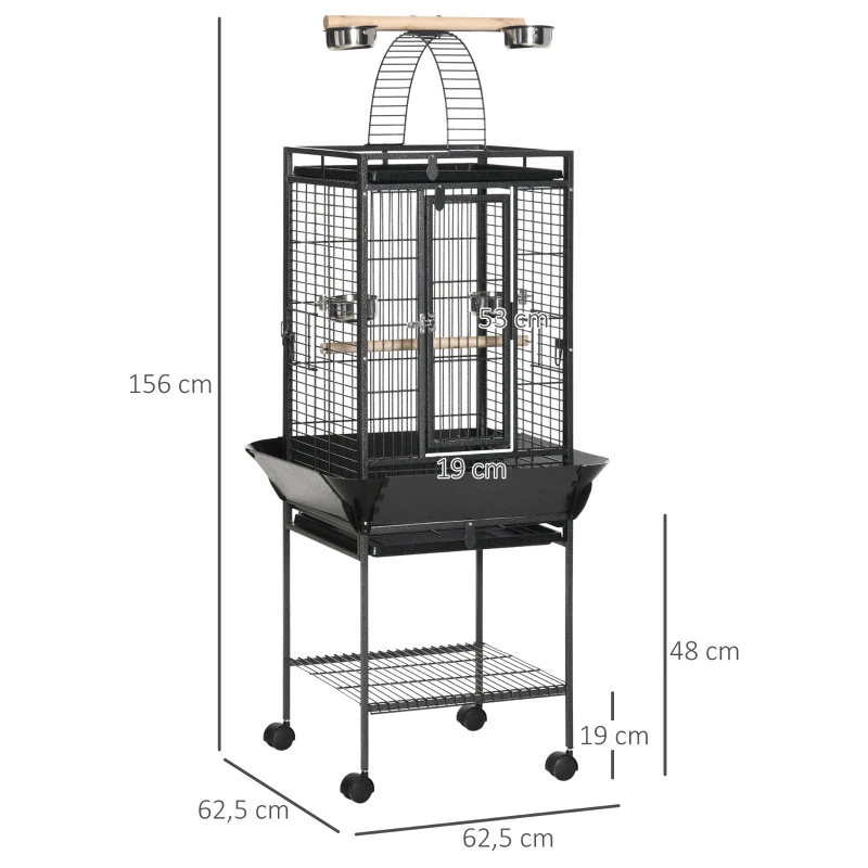 PawHut Gaiola para Pássaros com Suporte e Rodas 62,5x62,5x156cm Gaiola Metálica para Aves com Ponte de Arco 2 Poleiros 4 Comedouros 2 Bandejas Removíveis e Prateleira Inferior Cinza