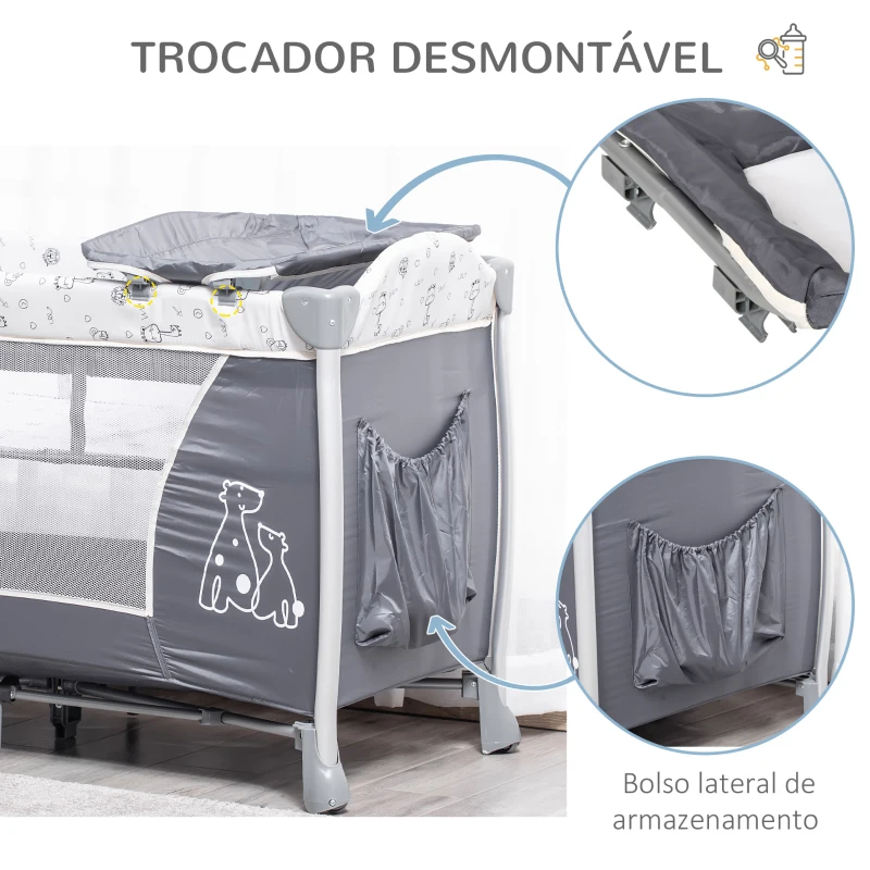 HOMCOM Berço de Viagem Dobrável para Bebés e Crianças até 15kg com 2 Rodas e Bolso Lateral Berço Portátil com Bolsa de Transporte 124x66x77,5cm Cinza
