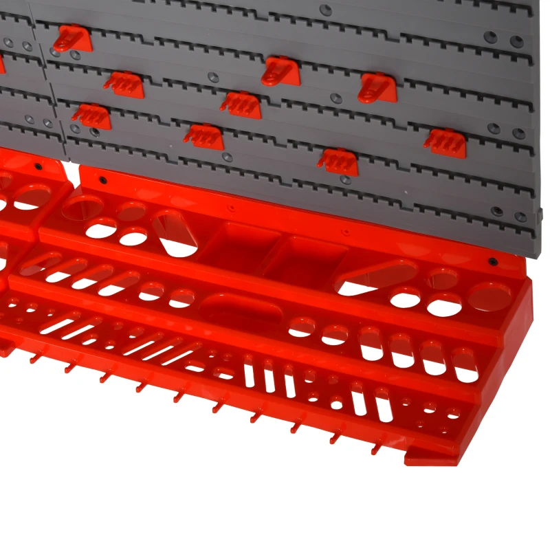 DURHAND Estante de Parede com Sistema de Armazenamento 95,5x23x53,5cm Suporte para Ferramentas com 54 Peças 50 Ganchos para Oficina Garagens Vermelho e Cinza